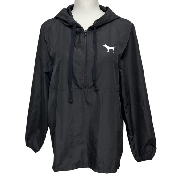 Pink Victoria's Secret 1/2 Zip Hooded Windbreaker Jacket Black Size XS LIKE NEW - Picture 1 of 5